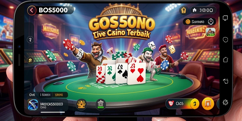 Screenshot gameplay <strong>BOS5000</strong> dengan dealer langsung dan suasana kasino.