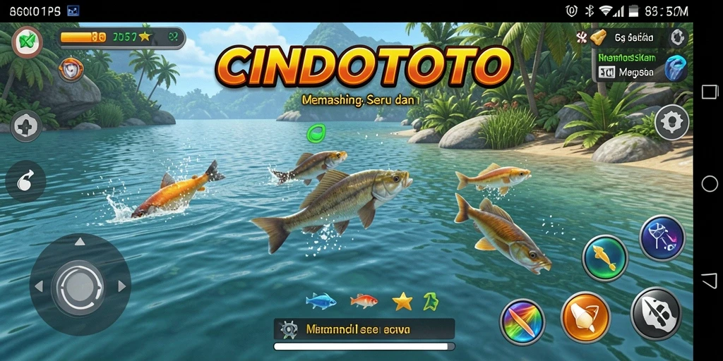 Screenshot gameplay CINDOTOTO saat memancing di danau.