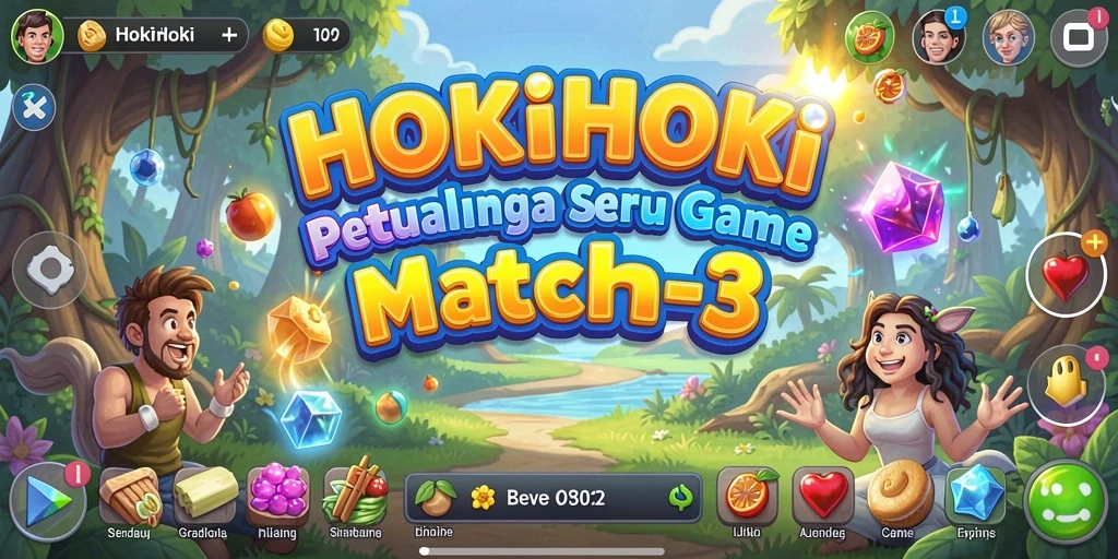 Screenshot HOKIHOKI menampilkan aksi mencocokkan permata yang seru dan berwarna-warni.