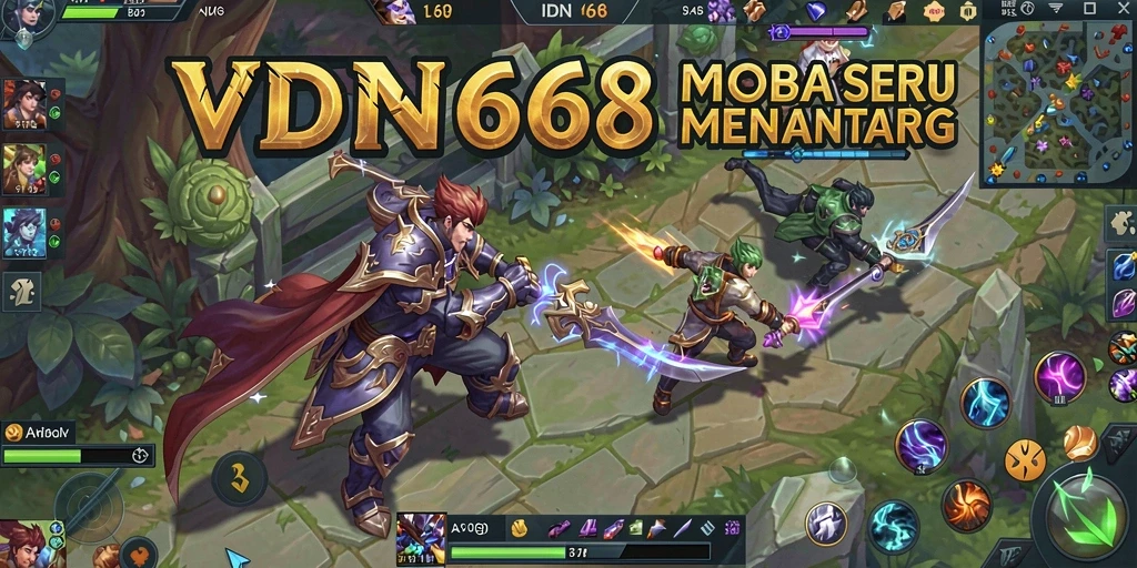 Screenshot utama IDN668 dengan aksi gameplay MOBA yang mendebarkan.