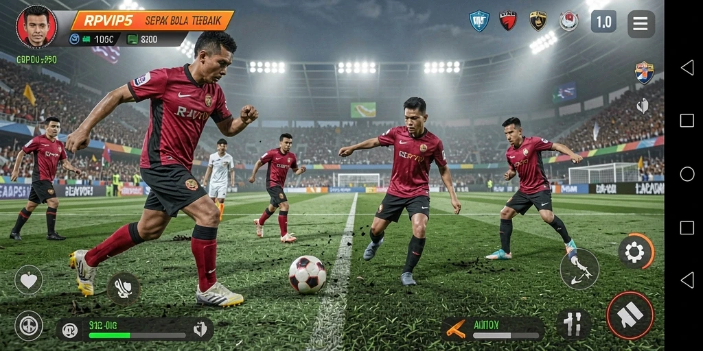 Screenshot RPVIP5 menunjukkan aksi mendebarkan di lapangan sepak bola.