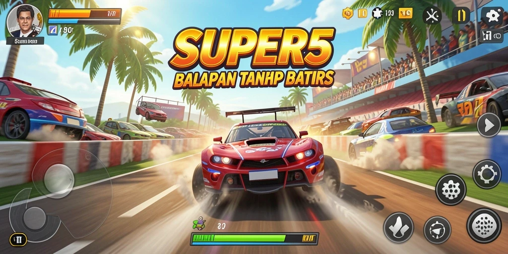 Tampilan gameplay SUPER5 dengan mobil balap melaju kencang di trek.